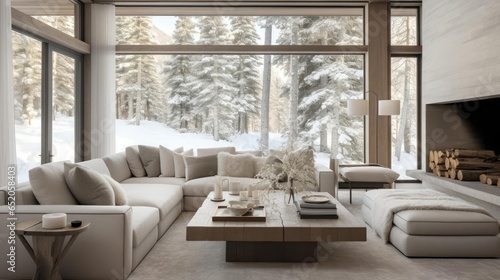 Modern cozy minimalist house living room with snowy forest outside © Fred