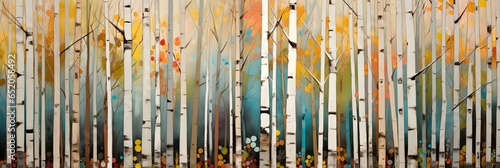 Abstract colorful geometric illustration of birch trees, birch tree forest, panoramic or landscape aspect ratio. Generative AI.
