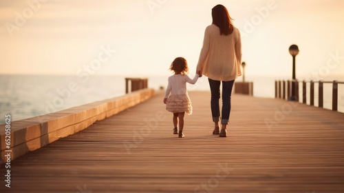 Mother and Child Walking Together Along a Pier 