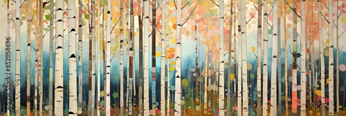 Abstract colorful geometric illustration of birch trees, birch tree forest, panoramic or landscape aspect ratio. Generative AI.
