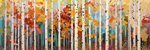 Abstract colorful geometric illustration of birch trees, birch tree forest, panoramic or landscape aspect ratio. Generative AI.

