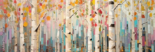 Abstract colorful geometric illustration of birch trees, birch tree forest, panoramic or landscape aspect ratio. Generative AI.
