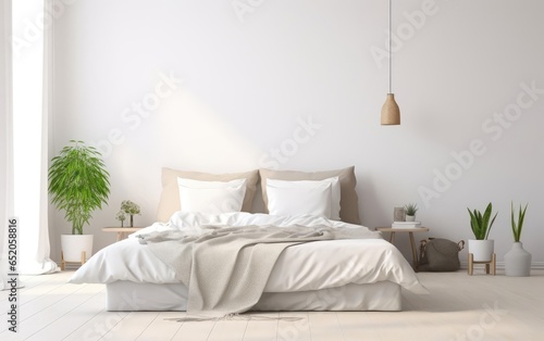 perfect comfortable bed with thick heavy bedding in the middle of a bright cozy modern room