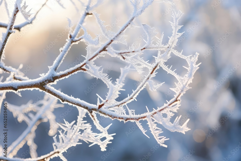 The intricate patterns of a frost-covered tree branch after a winter storm The intricate patterns of a frost-covered tree branch after a winter storm