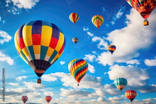 The intricate and colorful designs of hot air balloons in flight