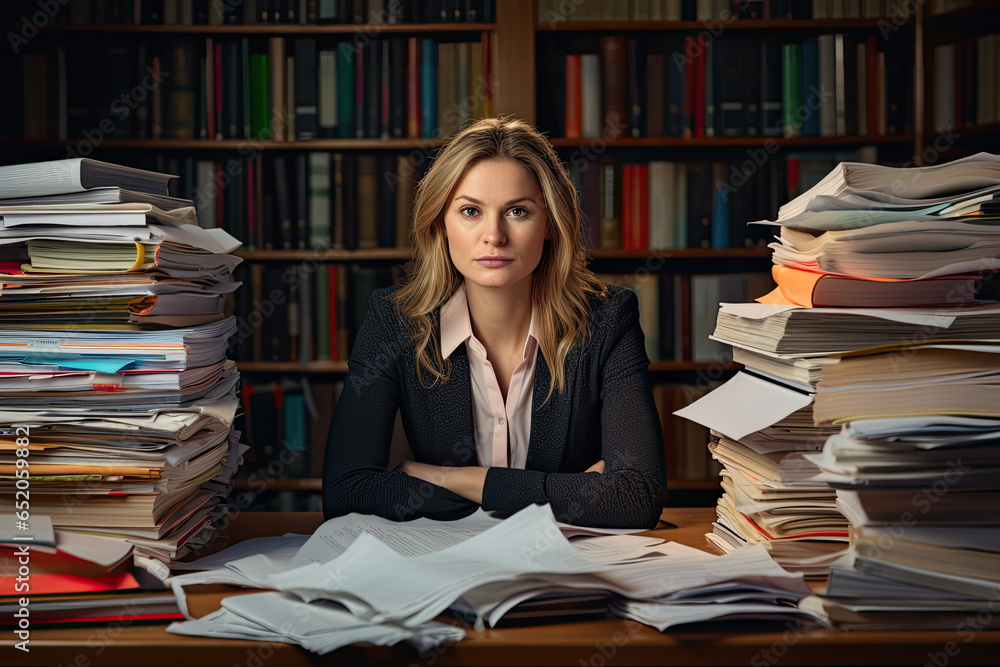 Young woman sits surrounded by stacks of papers and books Young woman sits surrounded by stacks of papers and books