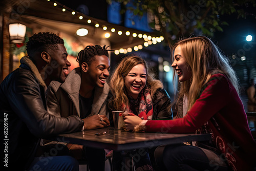 Group of young men and women out at night talking and laughing