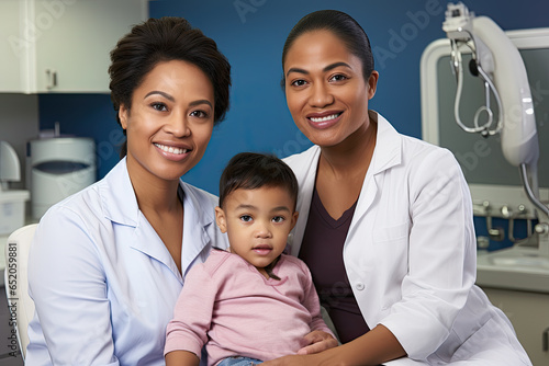 Two women African American doctors with a young child in a hospital setting