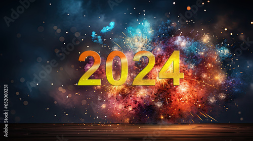 Happy New Year 2024. Beautiful holiday background and happy holidays card with fireworks