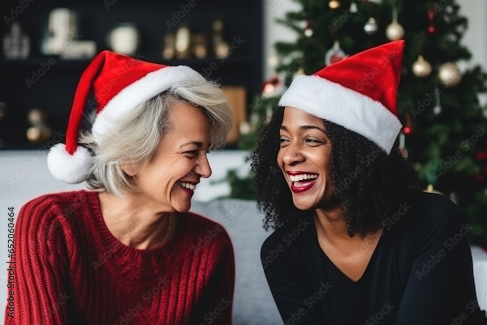 Two women in New Year's hats laughing. Middle-aged woman. Lgbt couple of two women. New Year and Christmas themes. Two women in New Year's hats laughing. Middle-aged woman. Lgbt couple of two women. New Year and Christmas themes.