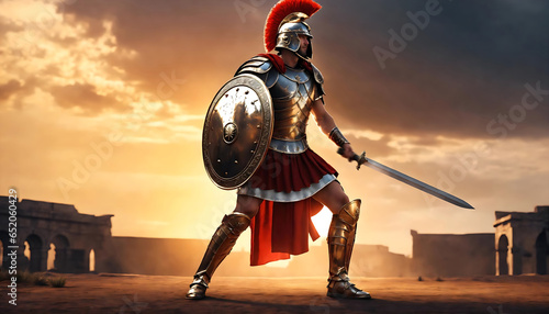  Roman male legionary (legionaries) wear helmet with crest, gladius sword and a scutum shield, heavy infantryman, realistic soldier of the army of the Roman Empire, on Rome background. Generative ai photo