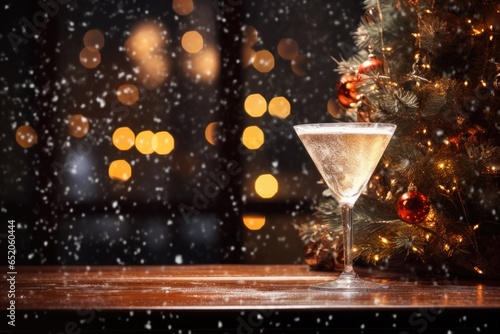 New Year, Christmas card with a glass of champagne, New Year tree and falling snow. Place for text.