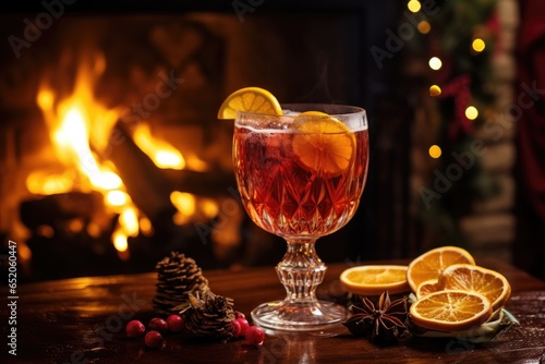 Cocktail with Christmas decor against backdrop of burning fireplace. Mulled wine.