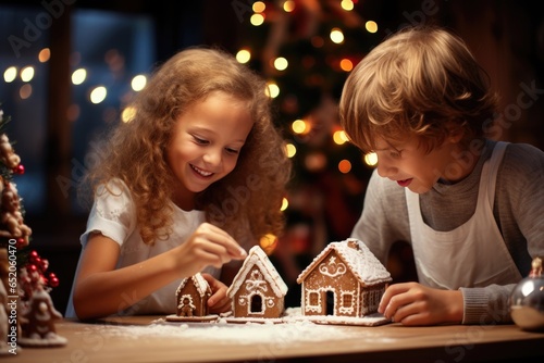 Two children enthusiastically make gingerbread house for Christmas, New Year. Christmas atmosphere.