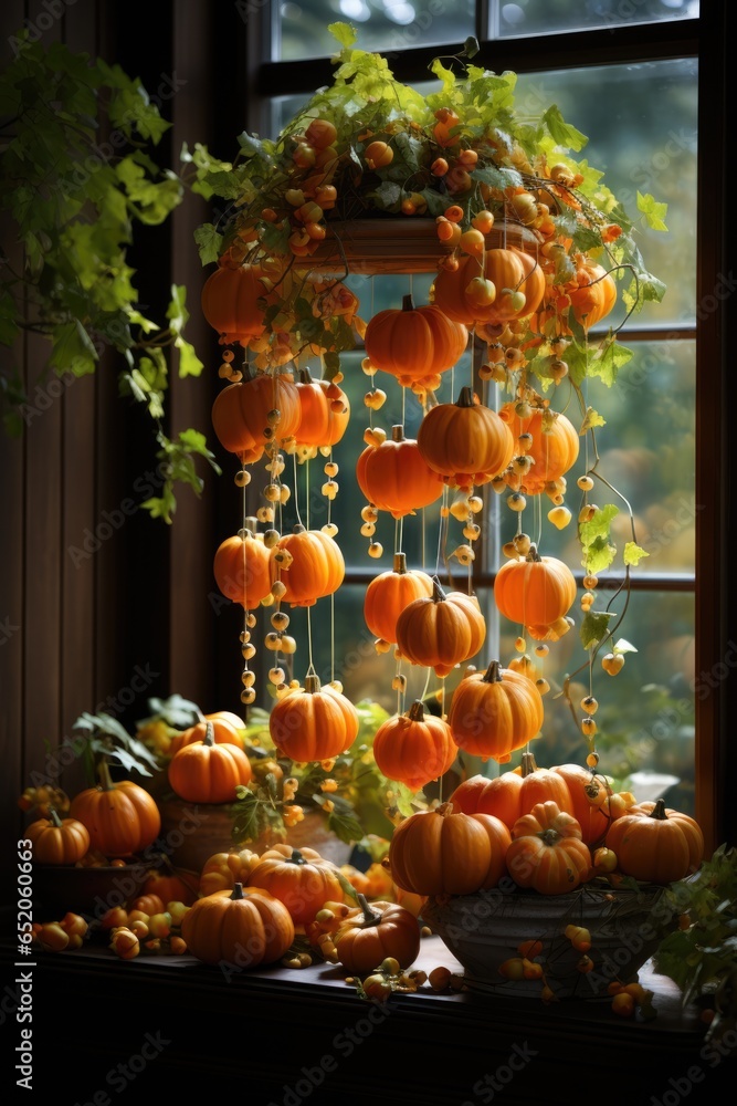Decoration ideas of countryhouse for fall holidays. Autumn decor with wreath and suspended pumpkins for thanksgiving and halloween