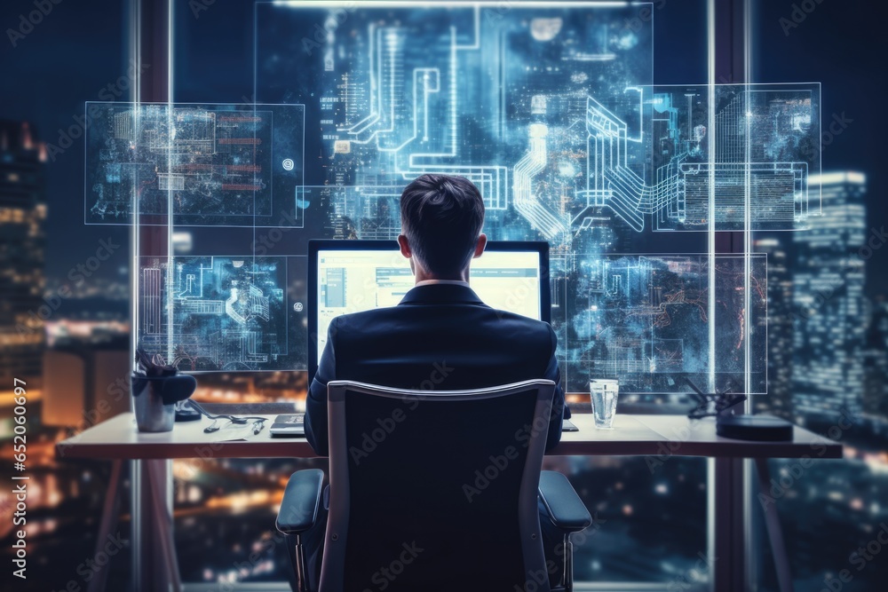 A young businessman sits in front of a computer surrounded by neon diagrams. Artificial intelligence serves humans. Illustration of the future.