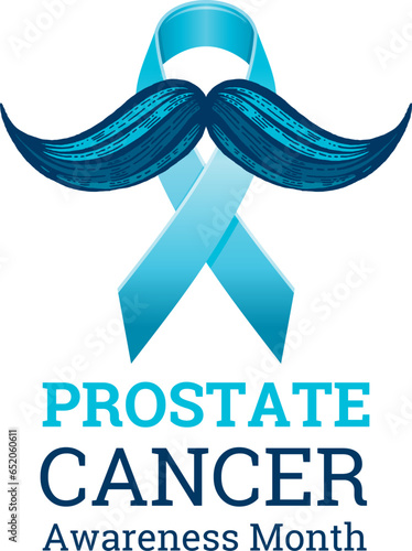 Prostate cancer awareness ribbon with moustaches. Men health logo. Man cancer prevention in November month. Blue color concept. Engraved 3d cartoon vector illustration isolated on white background