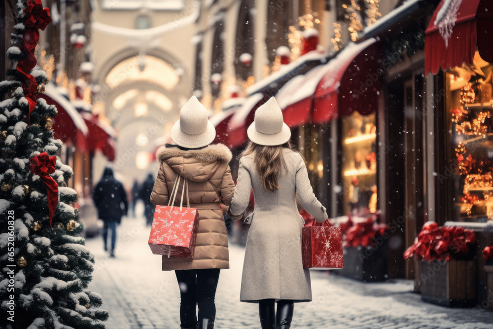 New Year Christmas shopping concept. Two female unrecognizable figures walk along a snowy street decorated with Christmas decorations New Year Christmas shopping concept. Two female unrecognizable figures walk along a snowy street decorated with Christmas decorations