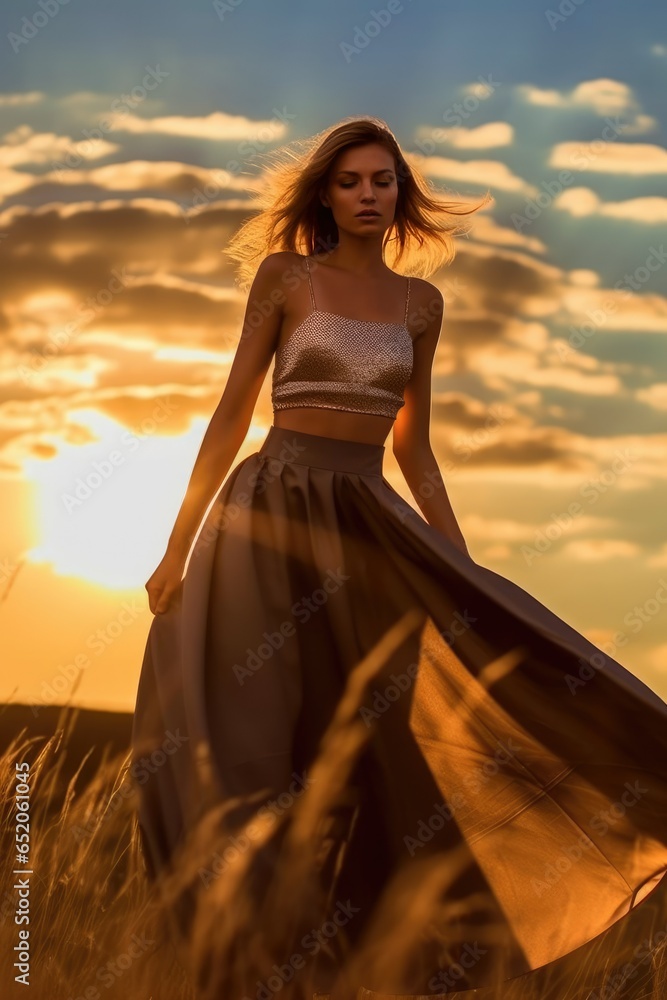 beautiful woman standing in glowing sunset. glamor shot. generative AI beautiful woman standing in glowing sunset. glamor shot. generative AI
