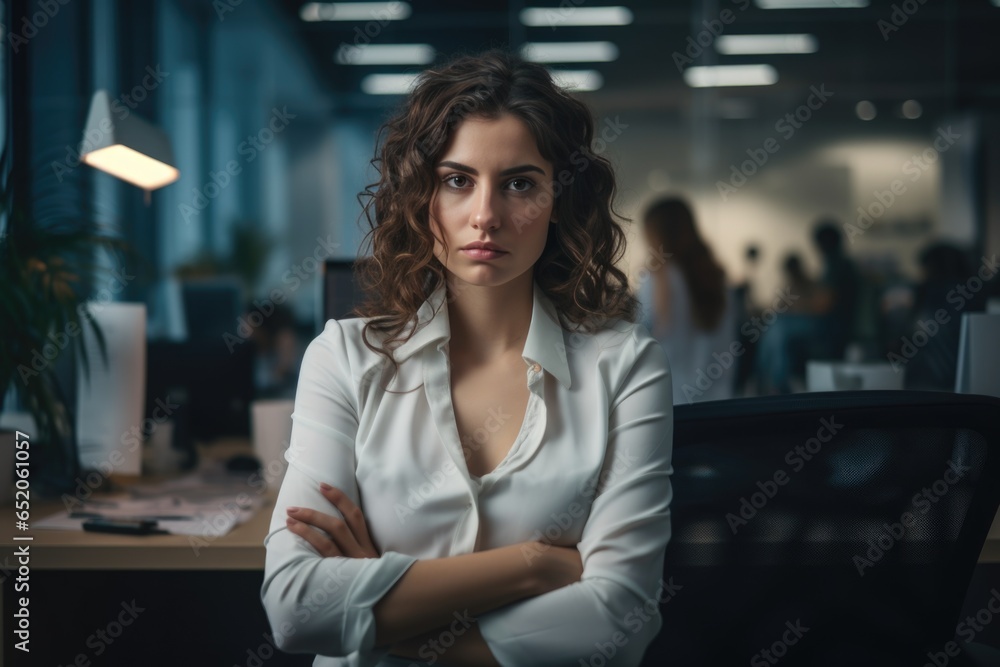 A tired woman in a large office looks at the camera. Banner. Burnout at work. Desire to rest. A tired woman in a large office looks at the camera. Banner. Burnout at work. Desire to rest.