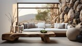 Interior of modern cozy living room with rustic decor in luxury villa. Stylish sofa, rough wooden coffee table, decorative stone wall, panoramic window. Eco home design. 3D rendering.