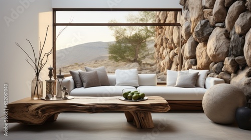 Interior of modern cozy living room with rustic decor in luxury villa. Stylish sofa, rough wooden coffee table, decorative stone wall, panoramic window. Eco home design. 3D rendering.