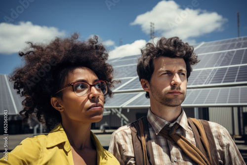 A man and a woman with stupid facial expressions stand against the background of solar panels - alternative sources of electricity.