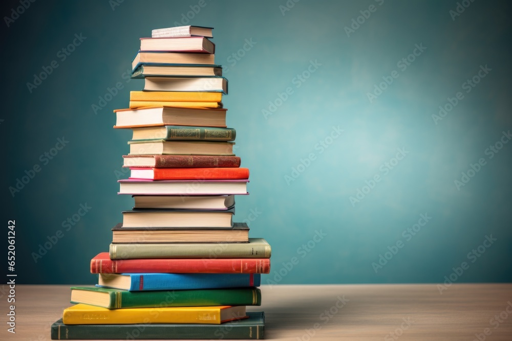 Concept of teaching book reading literature. A column of different books on a wooden background. Place for text. Concept of teaching book reading literature. A column of different books on a wooden background. Place for text.
