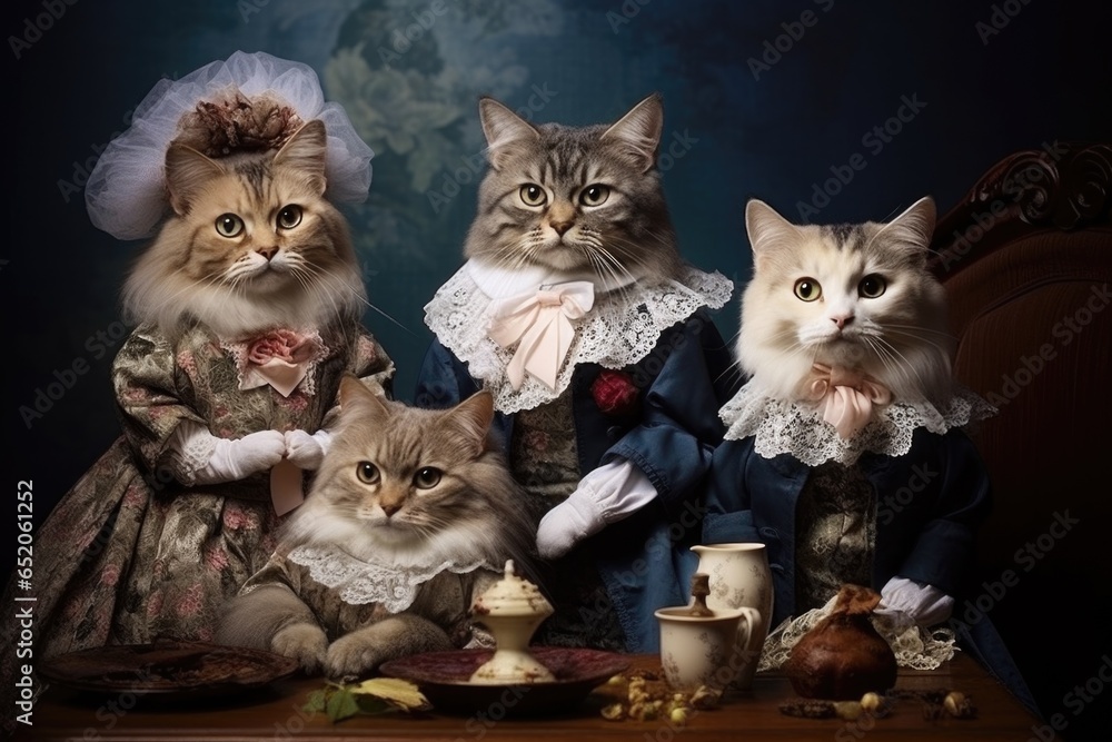 Φωτογραφία Illustration of an image of a family of cats drinking tea and dressed in old-fas