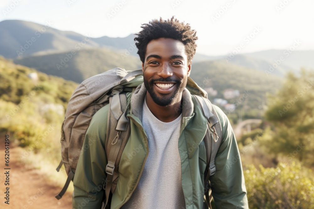 A satisfied smiling man of African nationality with a backpack over his shoulders against a background of nature. The joy of hiking an active lifestyle A satisfied smiling man of African nationality with a backpack over his shoulders against a background of nature. The joy of hiking an active lifestyle
