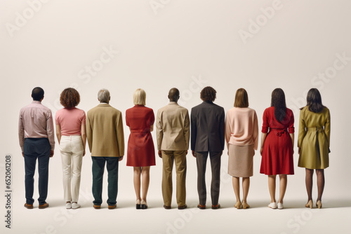 Row of different men and women standing with their backs on a white background. Incognito community teamwork