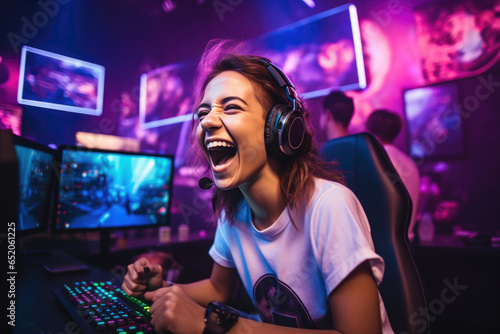 Satisfied enthusiastic girl in headphones in a nightclub playing computer games
