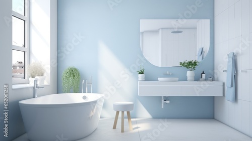 Interior of modern luxury scandi bathroom with window and white walls. Free standing bathtub  wall-mounted vanity with sink  round wall mirror. Contemporary home design. 3D rendering.
