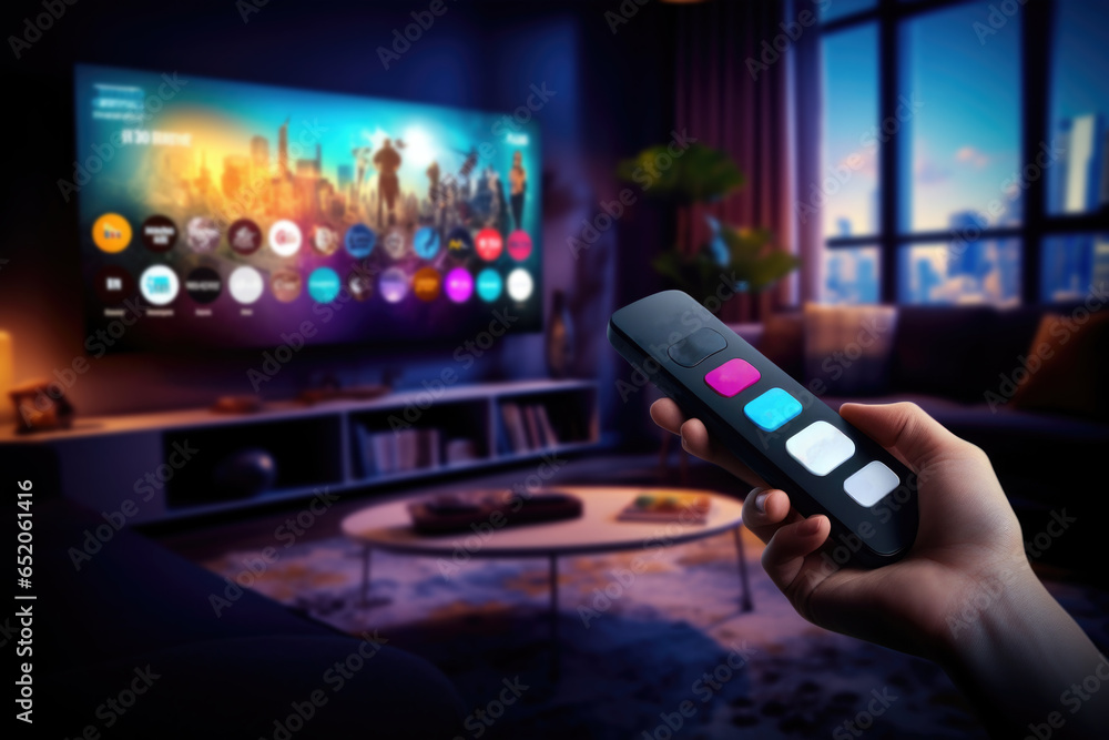 A hand holds a streaming service with a remote control against the background of a TV with a choice of streaming services - obrazy, fototapety, plakaty 