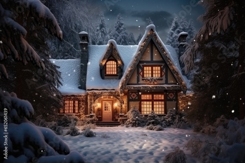 Illustration of a house in a snowy forest, Christmas New Year atmosphere