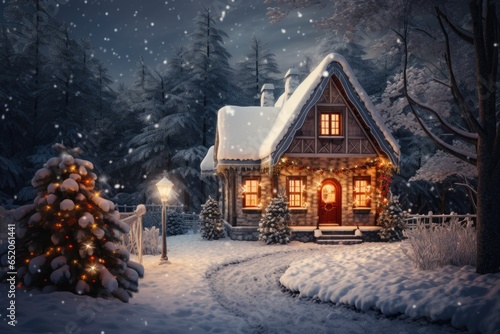 Illustration of a house in a snowy forest, Christmas New Year atmosphere
