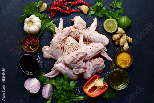 Raw chicken wings with ingredients for making. Top view with copy space.