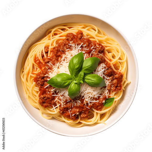 Top-down view of a mouth-watering spaghetti Bolognese, with a rich and flavorful meat sauce, topped with grated parmesan cheese and fresh basil leaves, isolated on a white background.
 photo