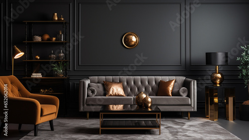 dark interior design with sofa, lamp, armchair