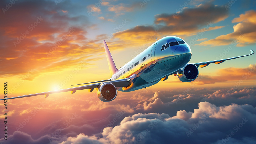 flying airplane in sky at sunset flying airplane in sky at sunset