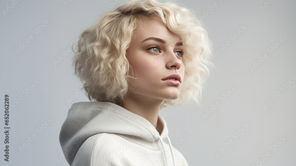 Beautiful blonde young woman with curly bleached blond hair wearing white sweater on a white background. generative AI