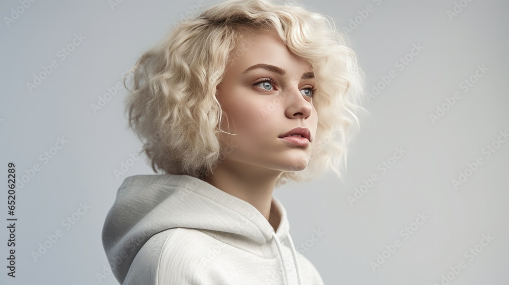 Beautiful blonde young woman with curly bleached blond hair wearing white sweater on a white background. generative AI Beautiful blonde young woman with curly bleached blond hair wearing white sweater on a white background. generative AI