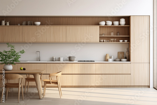 Large bright kitchen interior with wooden furniture.