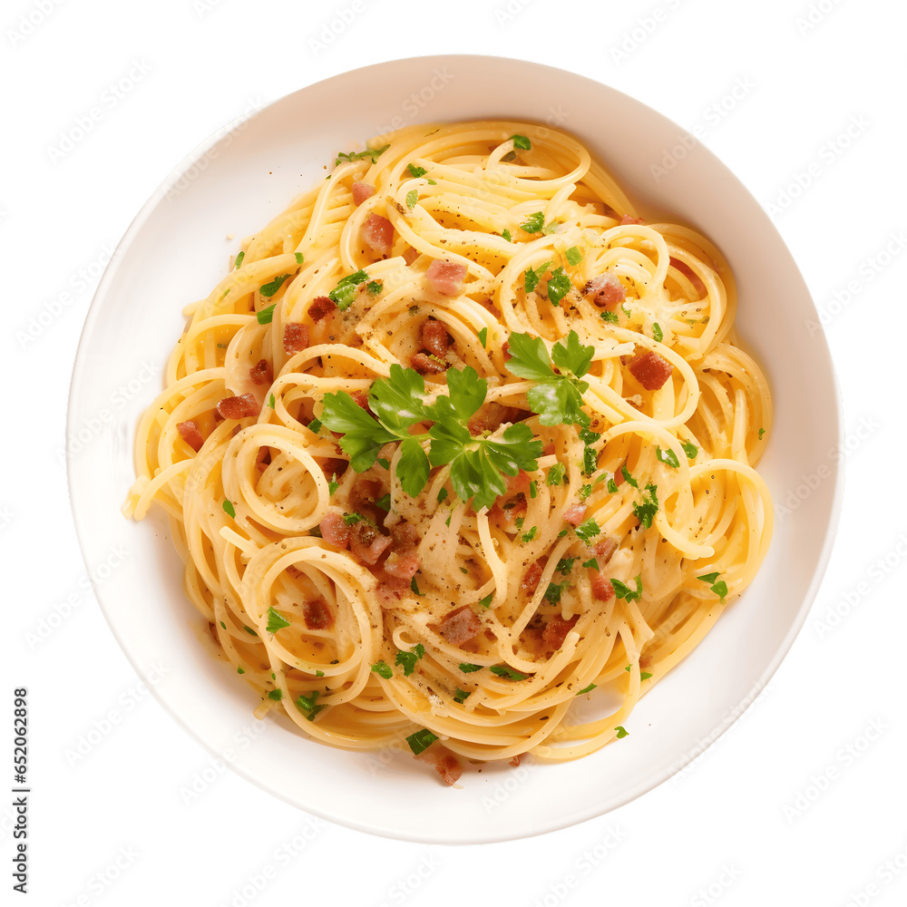Stunning overhead perspective of a classic Italian spaghetti carbonara dish, garnished with fresh parsley, isolated on a white background
