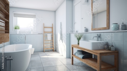 Interior of modern luxury scandi bathroom with window and white walls. Free standing bathtub  wash basin on wooden countertop  rectangular wall mirror. Contemporary home design. 3D rendering.