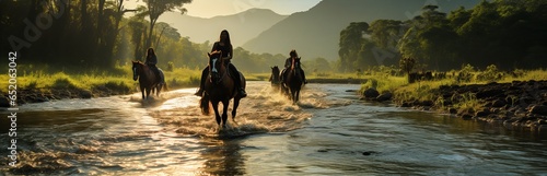 Horseback riding, family active recreation. Horse racing and goloping as entertainment. Tourism and entertainment by the lake. Even-toed ungulates and people relax in nature. Recreational activities