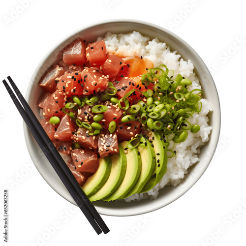 Top-down view of a refreshing and healthy poke bowl, with diced tuna, avocado, and rice, isolated on a white background 