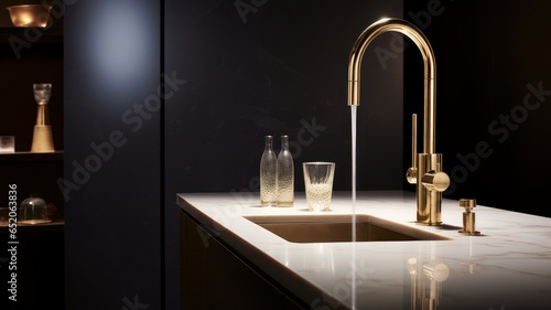 Interior of modern minimalist bathroom with white marble countertop and built-in wash basin, golden faucet and bottles with cosmetics. Black matte wall with shelves on the background. Close up.