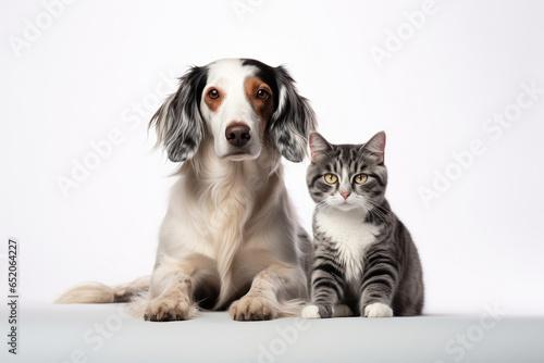 Fluffy friends cat and dog on a white background.