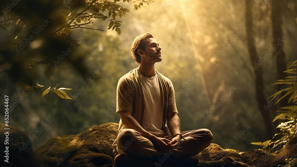 young man meditating in the forest - obrazy, fototapety, plakaty 